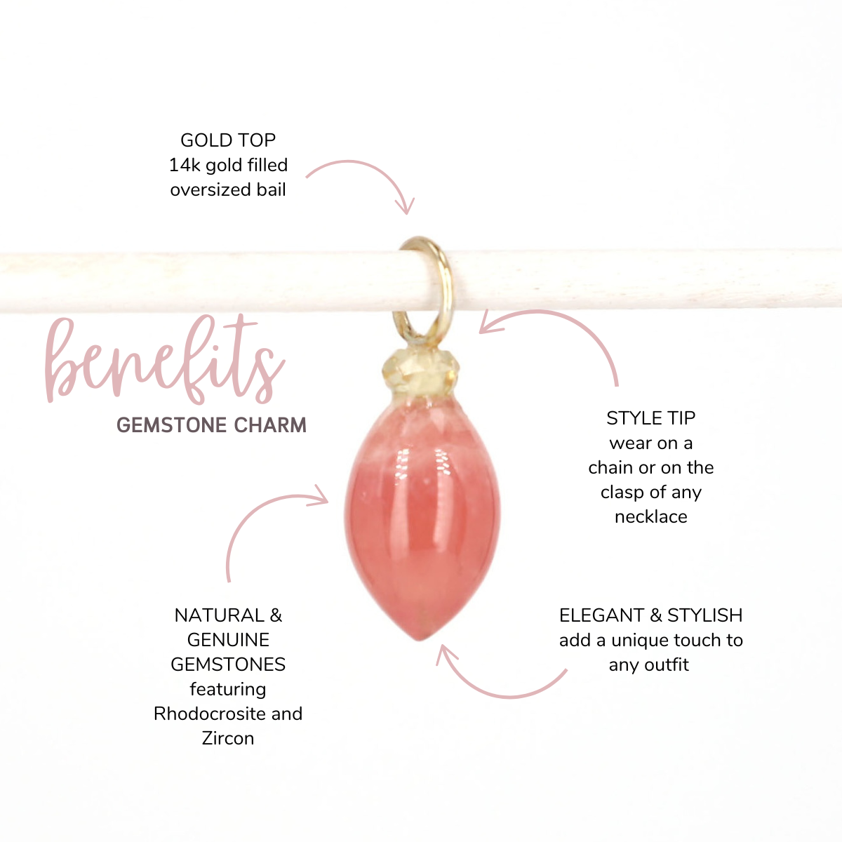 Rhodocrosite and Zircon Gemstone Drop Charm
