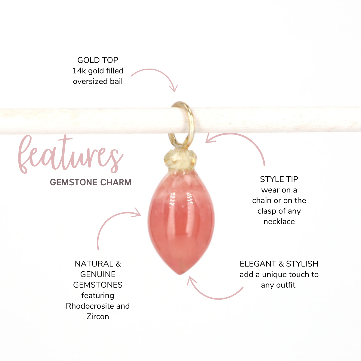 Rhodocrosite and Zircon Gemstone Charm