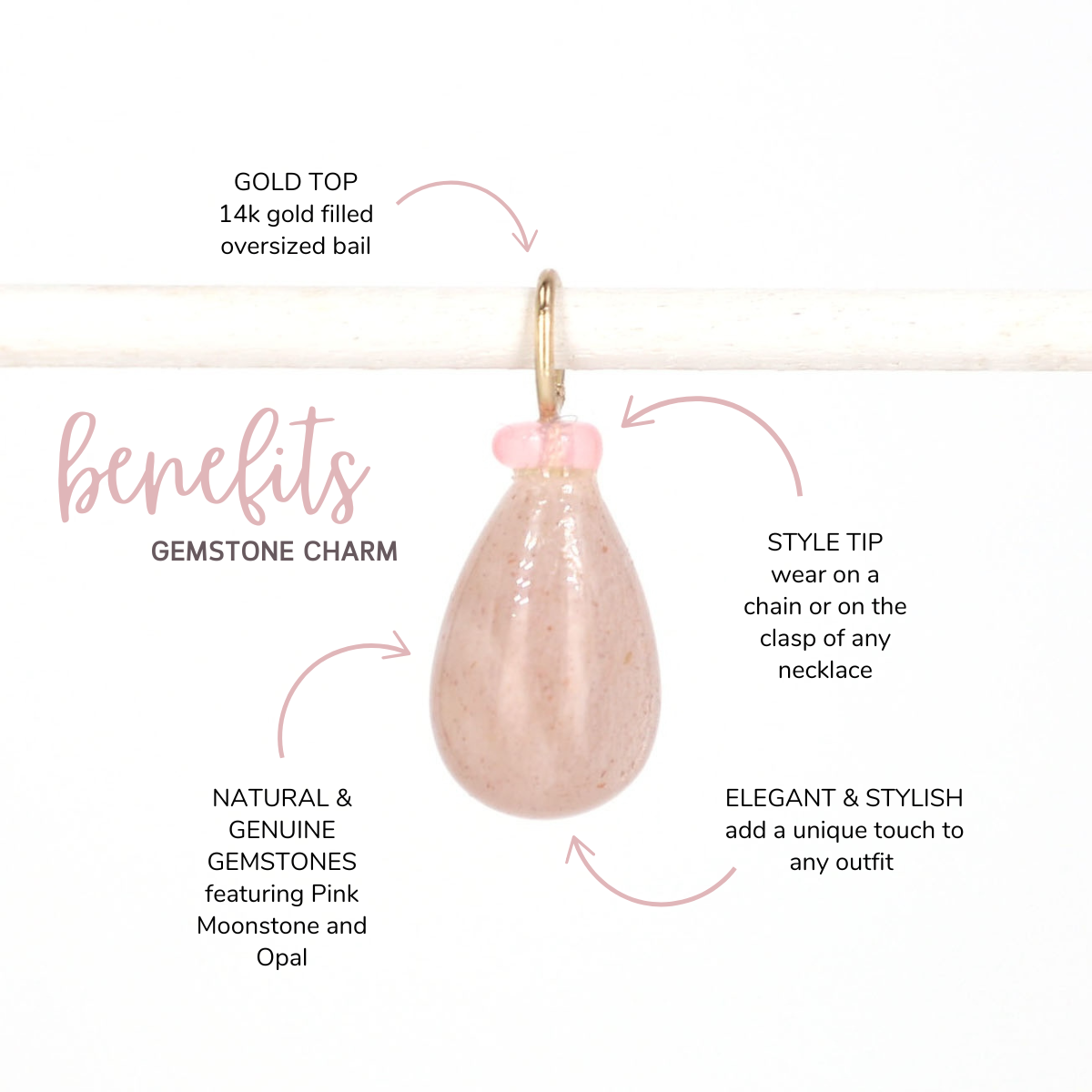 Pink Moonstone and Opal Gemstone Drop Charm