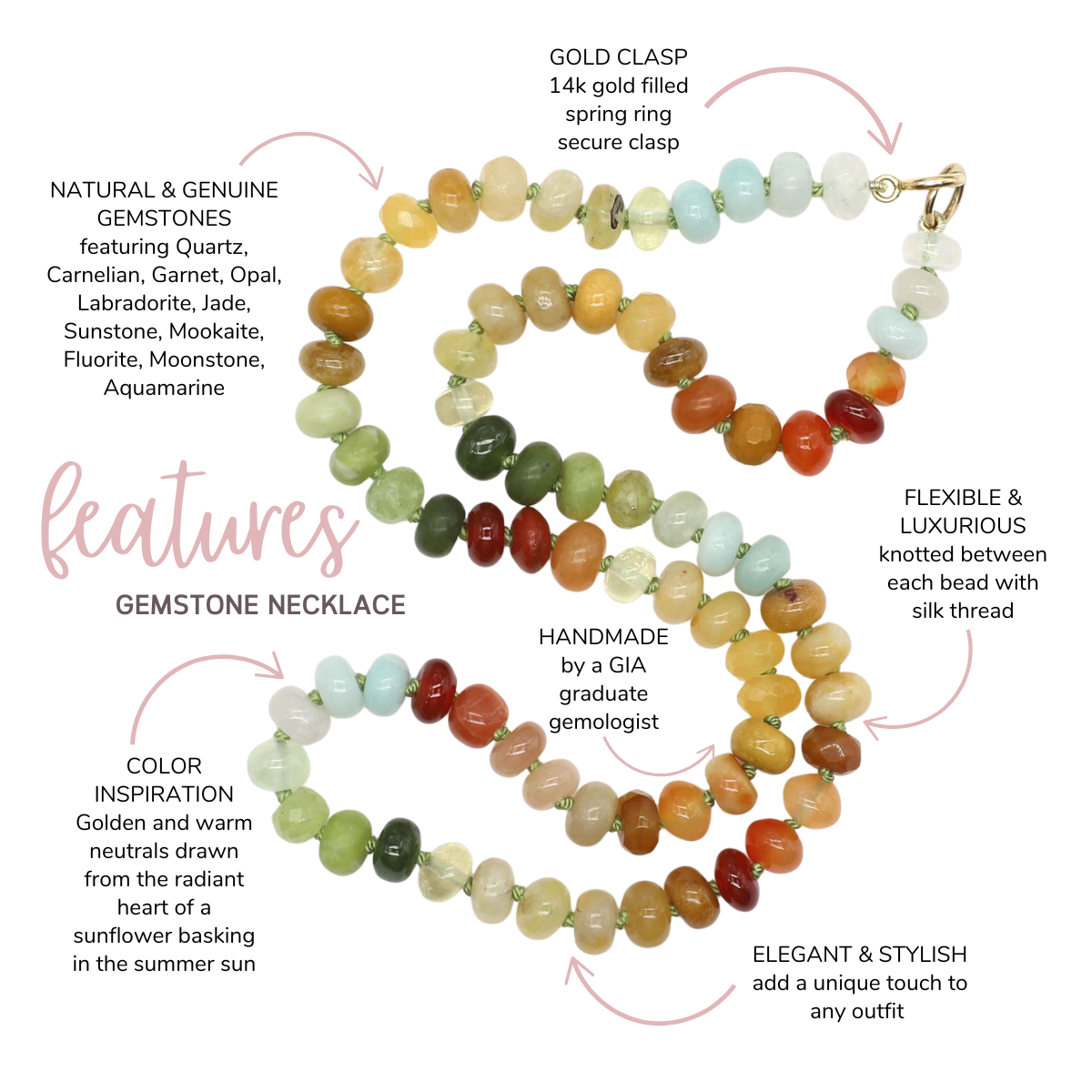 Yellow Sunflower Gemstone Beaded Necklace, 20 inches