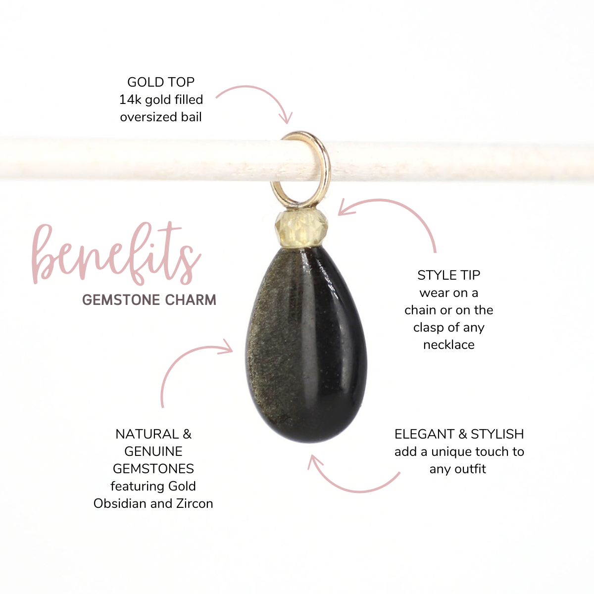 Gold Obsidian and Zircon Gemstone Drop Charm