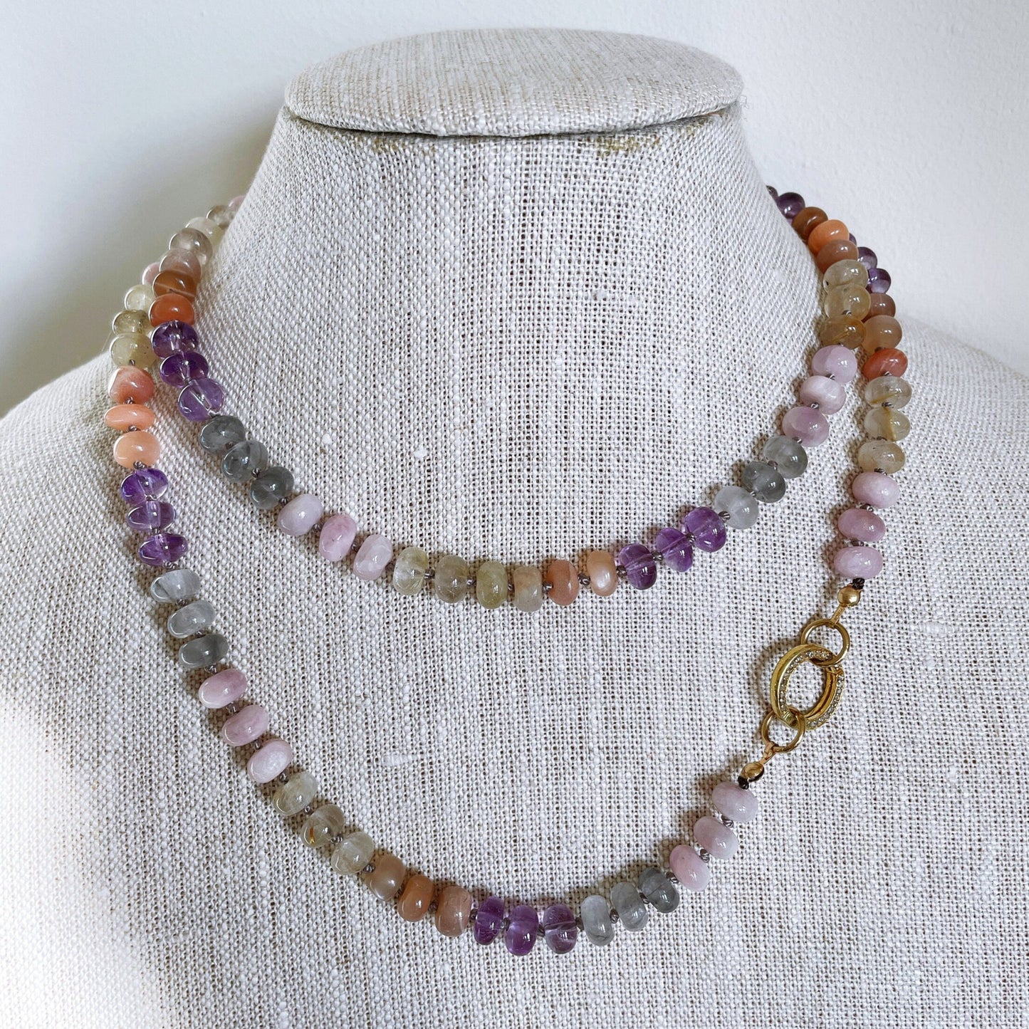 Sunrise Haze Gemstone Beaded Necklace with Diamond Circle Clasp