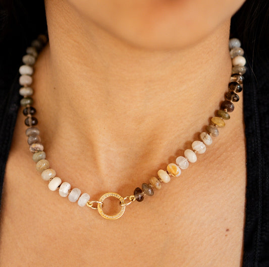 Pebble Beach Gemstone Beaded Necklace with Diamond Circle Clasp